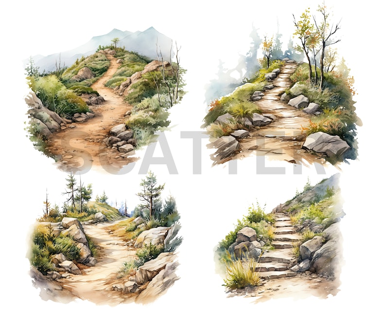 May include: Four watercolour illustrations of different paths leading up a mountain. The first path is a winding dirt path with rocks and green foliage. The second path is a stone staircase with rocks and green foliage. The third path is a dirt path with rocks and green foliage. The fourth path is a stone staircase with rocks and green foliage.