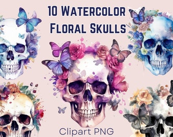 Puede incluir: Diez imágenes de calaveras florales en acuarela. Cada calavera está decorada con flores, hojas y mariposas en tonos de rosa, morado, azul y verde. Las calaveras son blancas, azules y grises.