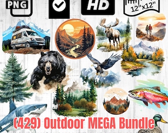 Outdoor Mega Bundle Clipart | Bear Clipart | Hunting Clipart | Mountain PNG | National Park Stickers | Outdoors Clipart |Sharks