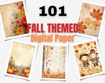 May include: A collection of 101 fall-themed digital papers. The image showcases various watercolor illustrations, including pumpkins, autumn leaves, flowers, and woodland scenes. The text "101 FALL THEMED Digital Paper" is displayed at the top.