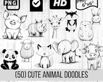 Cute Animal Doodles Clipart - Transparent PNG, High Resolution, Perfect for Crafts, Shirts, Nursery Decor - Instant Digital Download