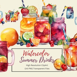 Watercolor Summer Drinks Clipart, Summer Clipart, Watercolor Clipart, Beach Clipart, Cocktail Clipart, Digital Download, Commercial Use