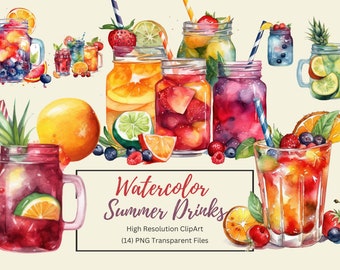 Watercolor Summer Drinks Clipart, Summer Clipart, Watercolor Clipart, Beach Clipart, Cocktail Clipart, Digital Download, Commercial Use