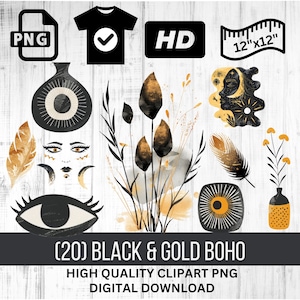 Estética Boho Negra y Dorada / Boho Clipart / Boho PNG / Descarga Instantánea