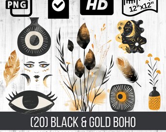 Black and Gold Boho Aesthetics | Boho Clipart | Bohemian PNG |  Instant Download