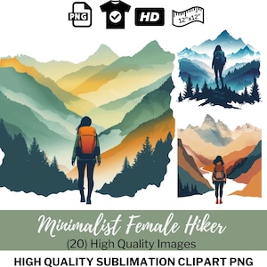 Minimalistische vrouwelijke wandelen clipart vrouw buiten wandelaar uitzicht op de bergen wandelen meisje silhouet shirt sublimatie
