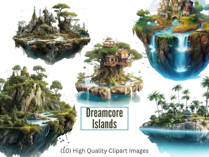 May include: A collection of 10 digital clipart images featuring whimsical dreamcore islands. Each island is unique, with lush greenery, waterfalls, and charming structures like treehouses and castles. The images are perfect for adding a touch of fantasy and magic to your creative projects.