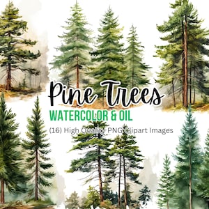 Alberi di pino acquerello / Invito a nozze / Clipart fogliame verde / PNG albero / Elementi floreali / Alberi di pino pittura a olio