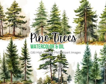 Watercolor Pine Trees | Wedding Invitation | Green Foliage Clipart | Tree PNG | Floral Elements | Oil Painting Pine Trees