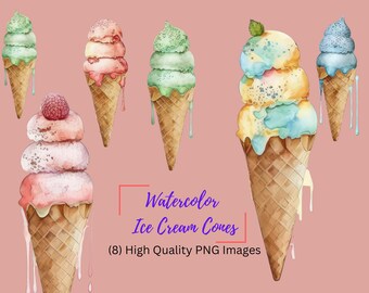 Aquarell Pastell Eistüten, tropfende Eistüte, Eis Clipart, digitaler Download, kommerzielle Nutzung, Sofort Download