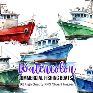 Acuarela barco de pesca comercial Clipart / Barco de cangrejo PNG / Barcos de trabajo / Pesca en agua salada / Descarga instantánea