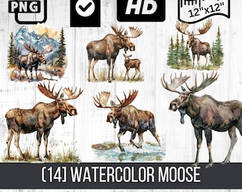 Watercolor Moose Clipart Collection - High-Resolution PNG Wildlife Images for Outdoorsy Crafts, Scrapbooking, and Nature Art Projects