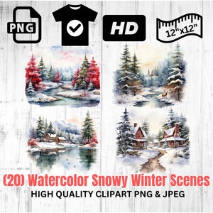 Clipart de cenas de inverno com neve em aquarela | Clipart de cena de Natal | Cabana De Montanha PNG | Download instantâneo | Inverno, montanha Clipart