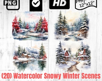 Watercolor Snowy Winter Scenes Clipart | Christmas Scene Clipart | Mountain Cabin PNG | Instant Download | Winter Mountain Clipart