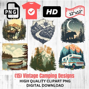 Projetos de acampamento vintage | Camisa De Acampamento PNG | Clipart ao ar livre | Clipart de montanha | Clipart vintage | Download instantâneo