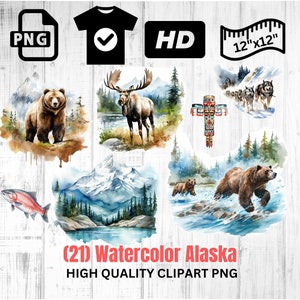 Aquarell Alaska Clipart | Alaska Clipart | Grizzlybär | Elch Clipart | Berg PNG | Kunst aus Alaska | Sofort Download