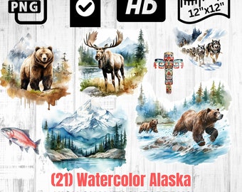 Watercolor Alaska Clipart | Alaskan Clipart | Grizzly Bear | Moose Clipart | Mountain PNG | Alaskan Art | Instant Download