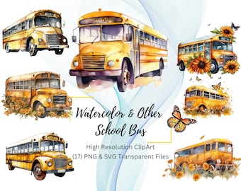 Könnte beinhalten: Ein Set mit 17 Aquarell- und anderen Illustrationen von gelben Schulbussen. Die Busse sind von Blumen und Schmetterlingen umgeben. Der Text "Watercolor & Other School Bus" und "High Resolution ClipArt (17) PNG & SVG Transparent Files" ist im Bild enthalten.