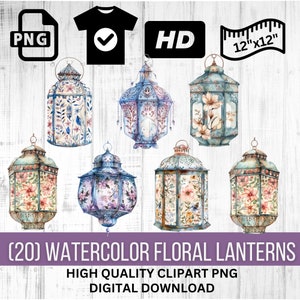Aquarell Blumenlaternen mit einem sanften Aquarell Touch und schönen Blumenmustern | Aquarell Dekorationen | Florale Laterne Clipart