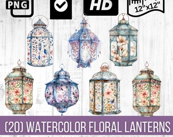 Watercolor Floral Lanterns with a Soft Watercolor Touch and Beautiful Floral Patterns | Watercolor Decorations | Floral Lantern Clipart