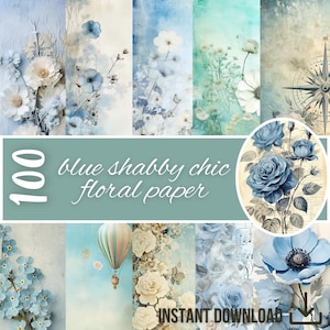 Shabby Chic Digital Junk Journal Paper | Blue Shabby Chic | Big Bundle Shabby Journal | Digital Paper A4 | Scrapbook Paper