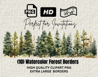 May include: Ten watercolor forest borders, perfect for invitations. Each border is a high-quality PNG image, measuring 25 inches by 8 inches. The borders feature a lush green forest with tall trees and a watercolor effect.