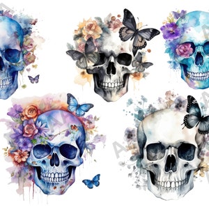 May include: Five watercolour skull illustrations with floral arrangements and butterflies. Each skull is painted in a different colour, including blue, white, and black. The flowers are a mix of pink, purple, and yellow.