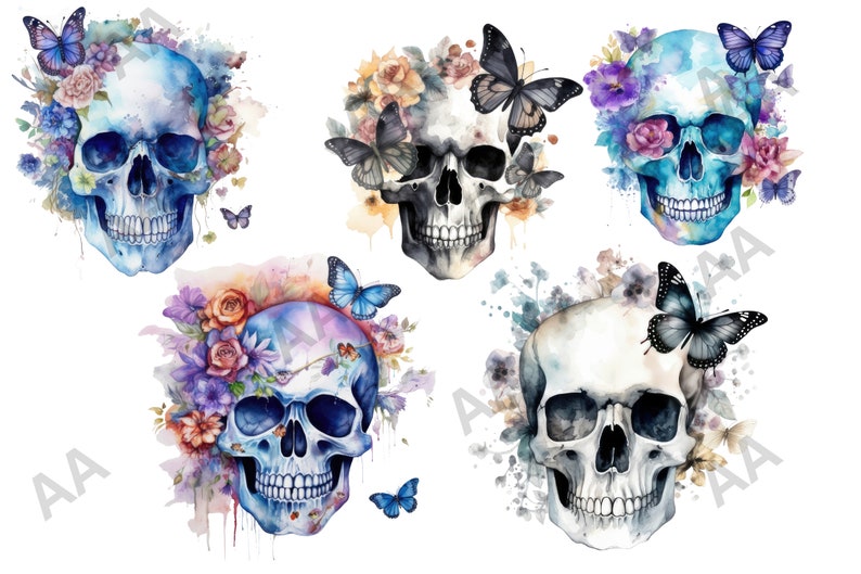 May include: Five watercolour skull illustrations with floral arrangements and butterflies. Each skull is painted in a different colour, including blue, white, and black. The flowers are a mix of pink, purple, and yellow.