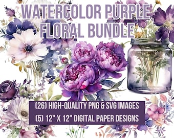 Purple Watercolor Flower Bundle | Purple Flower Clipart | Purple Flower PNG | Pink Purple Watercolor Flower | Violet Flowers