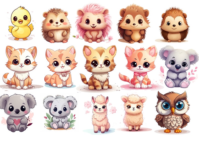 Pode incluir: Uma cole&ccedil;&atilde;o de ilustra&ccedil;&otilde;es de animais de desenho animado fofos que apresentam uma variedade de animais, incluindo um patinho, ouri&ccedil;os, gatos, um coala, uma lhama, uma coruja e uma ovelha. Os animais s&atilde;o todos desenhados em um estilo de desenho animado com cores brilhantes e express&otilde;es amig&aacute;veis.