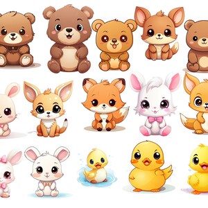 Pode incluir: Uma cole&ccedil;&atilde;o de animais de desenho animado fofos, incluindo ursos, raposas, coelhos, patos e uma raposa do deserto. Todos os animais s&atilde;o desenhados em um estilo de desenho animado com olhos grandes e cores brilhantes.