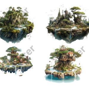 May include: Four different floating islands with lush greenery, waterfalls, and unique structures. The islands are surrounded by a white background.