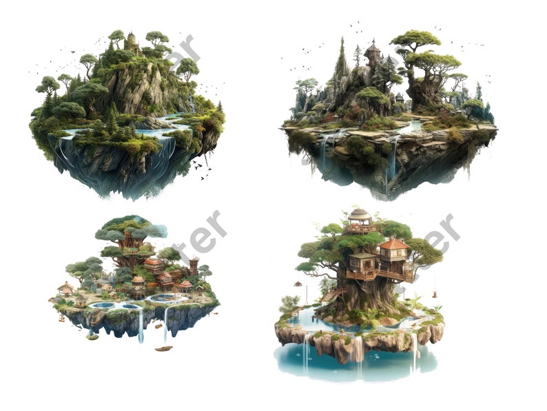 May include: Four different floating islands with lush greenery, waterfalls, and unique structures. The islands are surrounded by a white background.