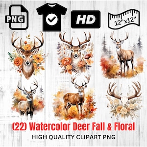 Watercolor Deer Fall Floral Clipart | Whitetail Deer | Hunting Clipart | Deer PNG | Outdoors | Floral Deer| Instant Download