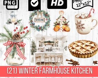 Winter Farmhouse Kitchen Clipart Bundle: Rustic Holiday Mason Jars, Snowflake Decor, and Cozy Baking Elements