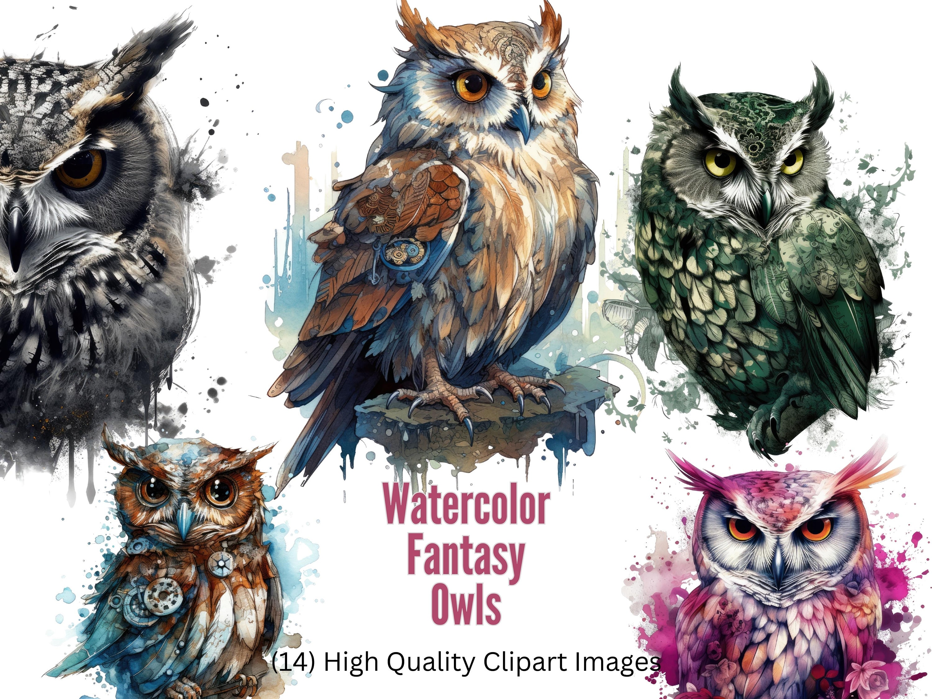 Watercolor Fantasy Owls Owl Clipart Fantasy Clipart Owl PNG Owl SVG Fantasycore instant download com