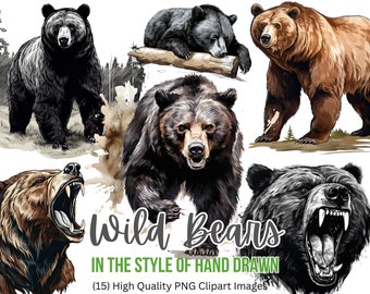 Clipart de urso | Urso Pardo | Urso Negro | Urso Pardo | Clipart ao ar livre | Clipart de caça | PNG | Download instantâneo