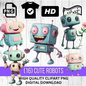 Cute Robots Digital Clipart Collection - 12&quot;x12&quot; Print Ready - Perfect for DIY Crafts, Invitations, Scrapbooking, and Sublimation