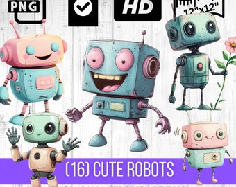 Cute Robots Digital Clipart Collection - 12"x12" Print Ready - Perfect for DIY Crafts, Invitations, Scrapbooking, and Sublimation