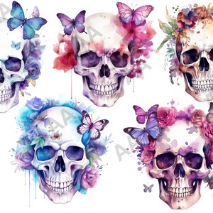 May include: Five watercolour skull illustrations with floral wreaths and butterflies. The skulls are white with purple, pink, and blue accents. The flowers are pink, purple, and blue. The butterflies are blue and purple.