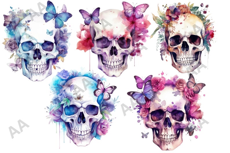 May include: Five watercolour skull illustrations with floral wreaths and butterflies. The skulls are white with purple, pink, and blue accents. The flowers are pink, purple, and blue. The butterflies are blue and purple.