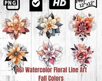 Acuarela Floral Línea Arte Flor Clipart / Flor Línea Arte / Flor Clipart / Acuarela Flor PNG