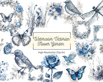 ビクトリア朝の水彩画のクリップアート 青インクのクリップアート 花の庭のビクトリア朝のクリップアート PNG バラのクリップアート ビンテージフレーム