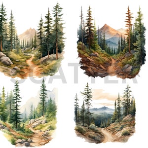 May include: Four watercolour paintings of a forest path leading through a lush green forest with tall pine trees and rocky terrain. The path is winding and leads to a distant mountain range.