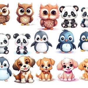 Pode incluir: Uma cole&ccedil;&atilde;o de animais de desenho animado fofinhos, incluindo corujas, pandas, pinguins e c&atilde;es. Todos os animais s&atilde;o desenhados em um estilo caprichoso com cores brilhantes e olhos grandes.