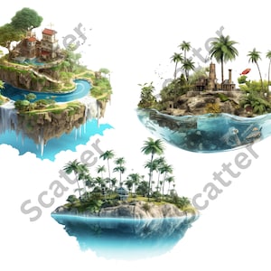 May include: Three different fantasy islands with lush greenery, waterfalls, and buildings. The islands are floating in the air or on the water.