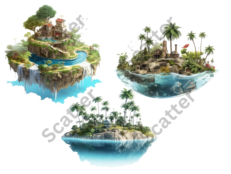 May include: Three different fantasy islands with lush greenery, waterfalls, and buildings. The islands are floating in the air or on the water.