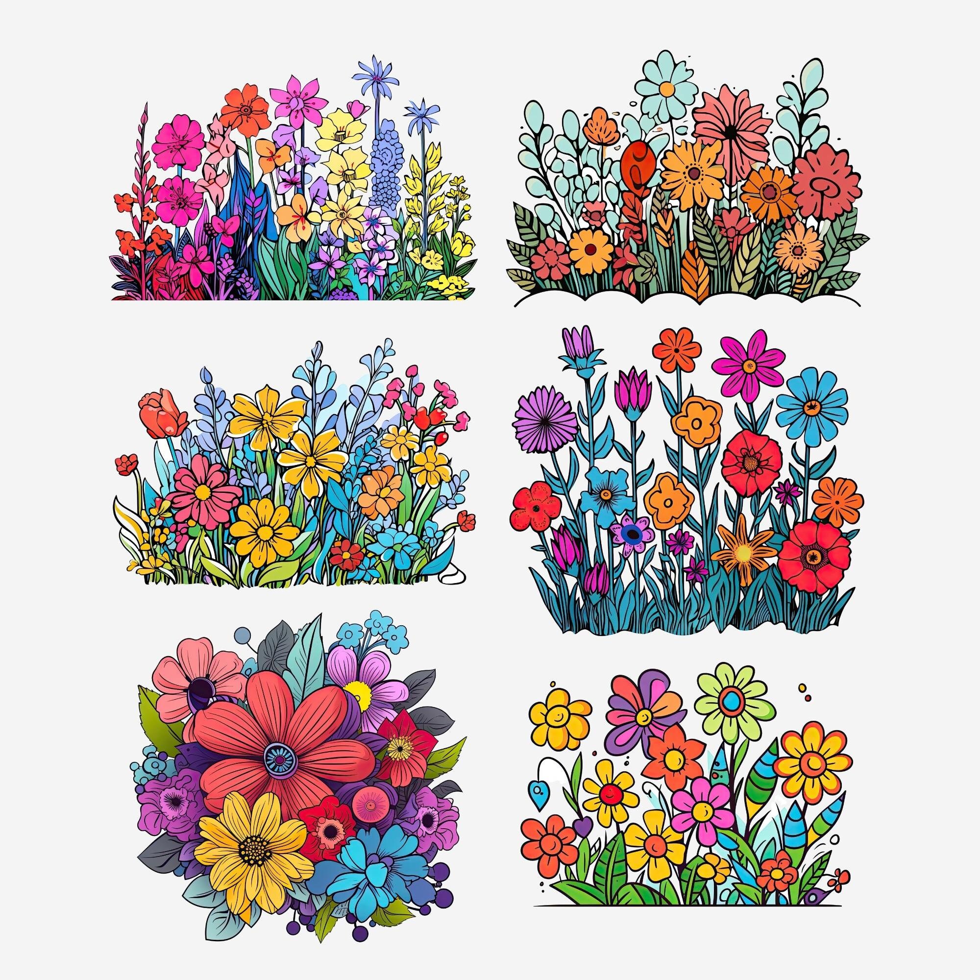 Flower Garden Marker Line Art Flower Clipart Colorful Floral Clipart ...