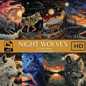 May include: A digital paper pack featuring 22 high-definition images of wolves howling at the moon in a variety of nighttime settings. The images are 12 inches by 12 inches and are perfect for crafting projects.