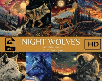 Papel digital Night Wolves / Páginas de álbumes de recortes místicos / Páginas de papel celestial de lobo imprimibles / Descarga instantánea